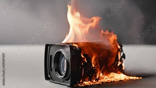 Burning Camera with fire burning photo