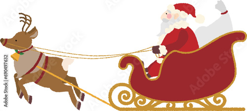 ほっこりかわいいクリスマス 　手描き風　サンタとそりをひくトナカイ　横向き