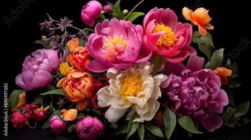 A bouquet of bright peonies against a dark, contrasting background for a dramatic effect.