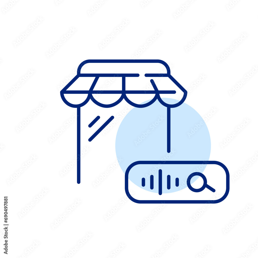 Voice commerce. Using personal assistant to search for items at online store. Pixel perfect, editable stroke icon