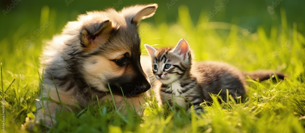 Fototapeta premium German puppy plays with kitten on green grass.