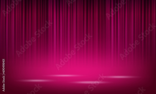 Vector realistic pink theatrical closed curtain of shiny material with reflection on stage floor vector illustration