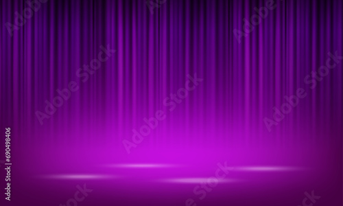 Vector realistic purple theatrical closed curtain of shiny material with reflection on stage floor vector illustration