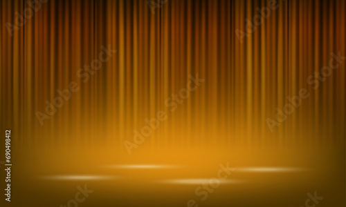 Vector realistic yellow theatrical closed curtain of shiny material with reflection on stage floor vector illustration