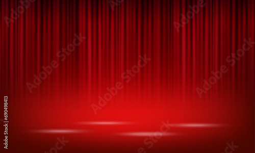 Vector realistic red theatrical closed curtain of shiny material with reflection on stage floor vector illustration