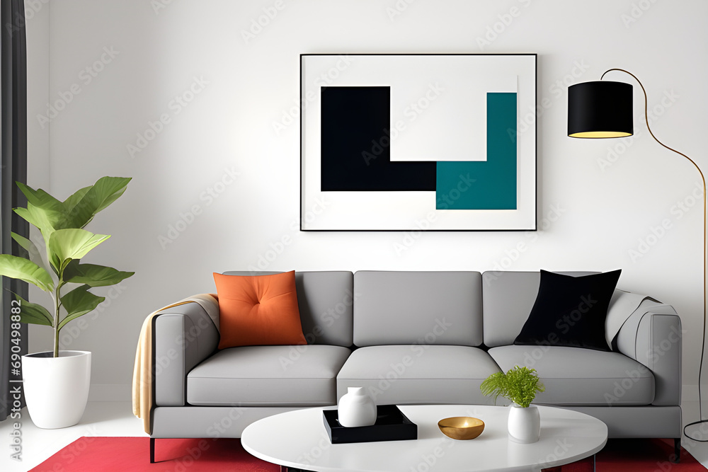 Modern living room interior design with sofa, hanging lamp and abstract artwork. Modern living room interior design with sofa, hanging lamp and abstract artwork.