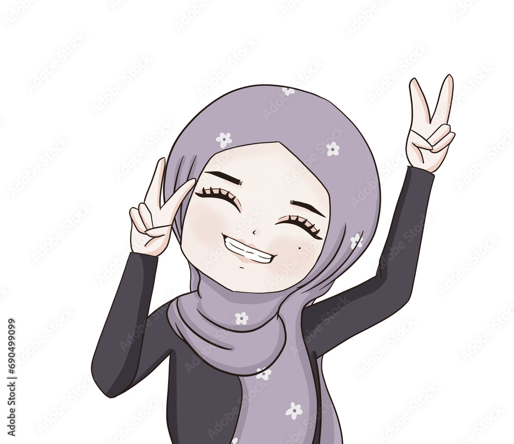 hijab girl , illustration muslim woman is raising two finger , smile hijab girl , cheering up hijab girl , fighting muslim girl, muslim girl shows peace sign with smile , character muslim girl cartoon hijab girl , illustration muslim woman is raising two finger , smile hijab girl , cheering up hijab girl , fighting muslim girl, muslim girl shows peace sign with smile , character muslim girl cartoon