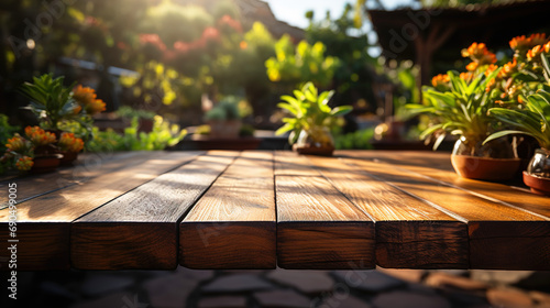 Wooden table blur background  rustic view Natural Garden Landscape Scene Copy Space_ AI Generated