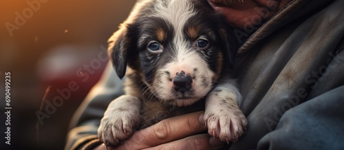Homeless puppy in the hands of a charitable man at a pet rescue center.