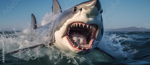 Great White Shark jumps out of water with open mouth