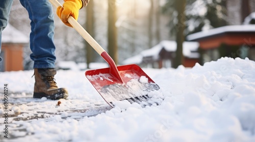 A Man's Endeavor to Clear Snow with a Shovel During a Winter Day. Generative AI