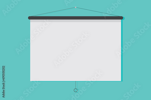 Hanging presentation screen. Empty board or billboard. Screen projector for cinema, movie, games and meetings. slide screen sign. Education empty canvas wall frame for meeting on school or work