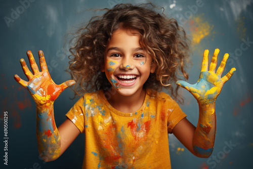 A curly-haired girl laughs directly at the camera and shows her hands stained with multi-colored paints on a colored studio background. Happy childhood concept.