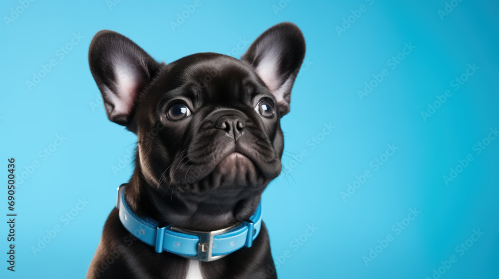 Close up photo portrait of cute black French bulldog puppy wearing a blue collar, studio photo on blue background