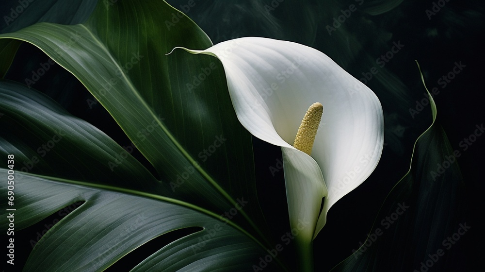 Obraz premium A pristine white calla lily against a canvas of dark green foliage.