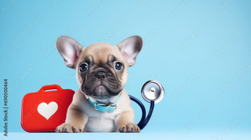 Cute French bulldog puppy with first aid kit and stethoscope, studio photo for veterinary clinic, medical support, healthcare for pets, copy space photo template for banner, blue background