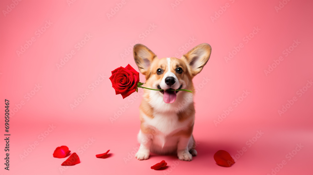 Obraz na płótnie Cute corgi dog holding a red rose flower in his mouth for Valentine's day, studio photo on pink background, copy space template for card or banner, adorable animal w salonie