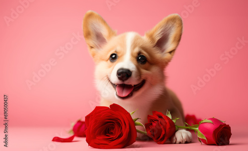 Cute corgi puppy dog with red rose flowers sitting looking at camera, adorable dog photo for Valentine's Day, studio photo on pink background, copy space photo template  for card or banner photo