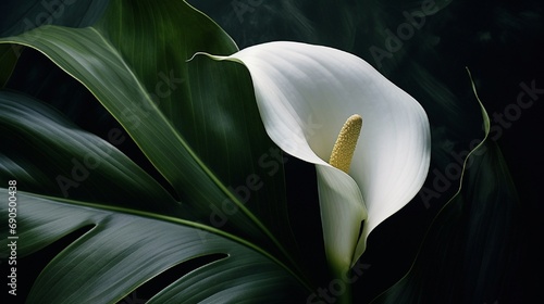 A pristine white calla lily against a canvas of dark green foliage.