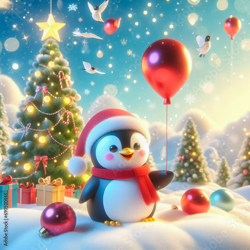 A happy 3d Christmas penguin with bright background, generative ai photo