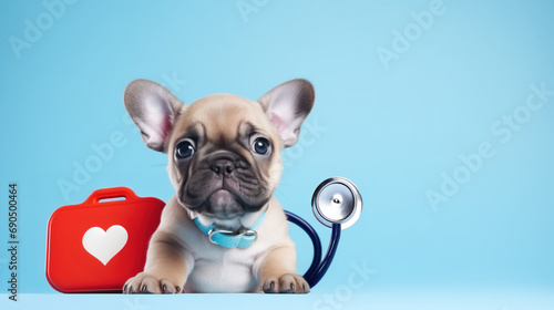 Cute French bulldog puppy with first aid kit and stethoscope, studio photo for veterinary clinic, medical support, healthcare for pets, copy space photo template for banner, blue background