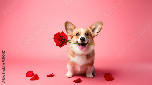 Cute corgi dog holding a red rose flower in his mouth for Valentine's day, studio photo on pink background, copy space template for card or banner, adorable animal photo