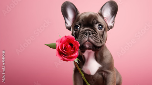 Cute french bulldog puppy with flower, funny dog with red rose, closeup photo with copy space on pink background for Saint Valentine's day, studio photo for card, banner or invitation