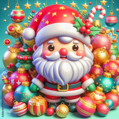 Colorful festive Christmas ornaments with a Santa Claus, 3d, cute and funny, generative ai