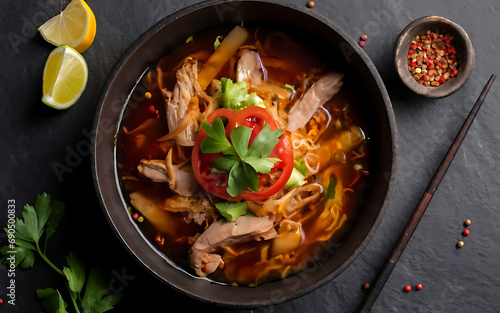Capture the essence of Mi Quang in a mouthwatering food photography shot Generative AI