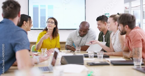 Teamwork, creative or business people in meeting for discussion, conversation or talking in office. Brainstorming, startup or workers speaking of planning, mission or graphs analytics on monitor photo