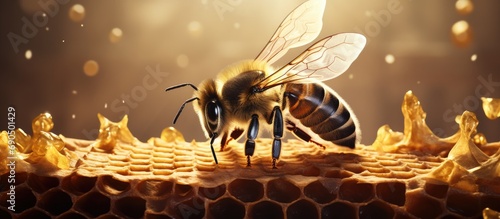 Marked queen bee sitting on a honeycomb, showing wings, eyes, and paws.