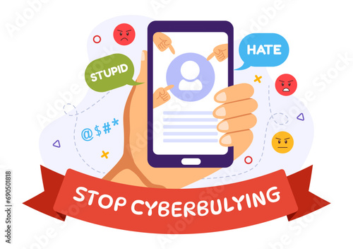 Stop Cyberbullying Vector Illustration of Haters Online with Bullying Internet, Trolling and Hate Speech in Flat Cartoon Background Design