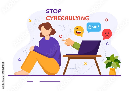 Stop Cyberbullying Vector Illustration of Haters Online with Bullying Internet, Trolling and Hate Speech in Flat Cartoon Background Design