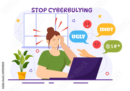 Stop Cyberbullying Vector Illustration of Haters Online with Bullying Internet, Trolling and Hate Speech in Flat Cartoon Background Design