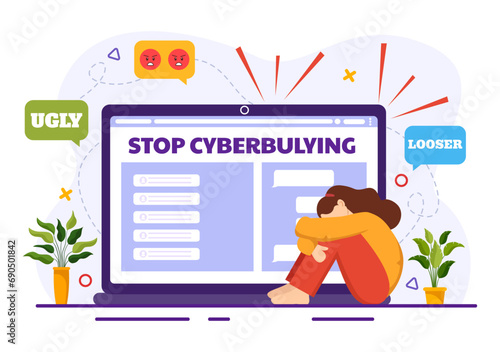 Stop Cyberbullying Vector Illustration of Haters Online with Bullying Internet, Trolling and Hate Speech in Flat Cartoon Background Design
