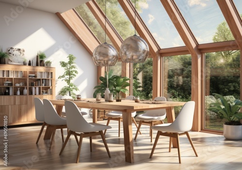 Bright and Spacious Dining Room with Natural Light and Green Accents