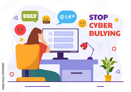 Stop Cyberbullying Vector Illustration of Haters Online with Bullying Internet, Trolling and Hate Speech in Flat Cartoon Background Design