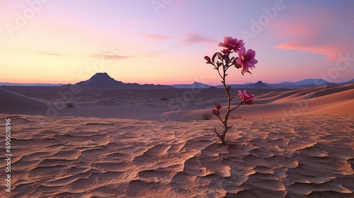 A solitary desert rose, vibrant against the stark and sandy landscape at dusk.