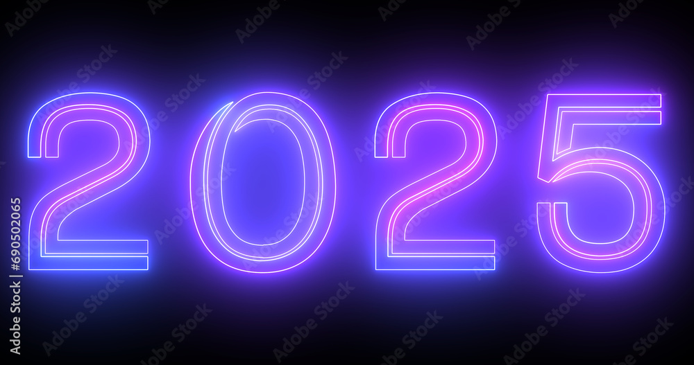 2025 Happy New Year's Eve nightclub fluorescent neon sign background. Glittering celebration motion graphic countdown animation in 3d typography isolated moving lines bg. 2025 Happy New Year's Eve nightclub fluorescent neon sign background. Glittering celebration motion graphic countdown animation in 3d typography isolated moving lines bg.