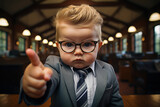 Serious child in glasses sitting points finger in screen. Little boss working in office. Learning from young age, intellectual growth. Blonde bossy kid dressed as a businessman sitting in office chair