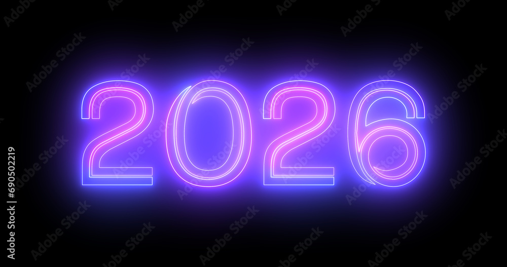 2026 Happy New Year's Eve nightclub fluorescent neon sign background. Glittering celebration motion graphic countdown animation for 2026 in 3d typography isolated moving lines bg. 2026 Happy New Year's Eve nightclub fluorescent neon sign background. Glittering celebration motion graphic countdown animation for 2026 in 3d typography isolated moving lines bg.