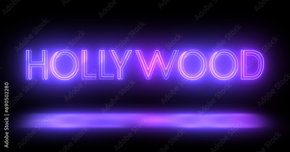Hollywood neon moving lines text animation on black background. Hollywood logo illuminated neon style fluorescent tubes nightclub motion graphic for brand, traffic, casino, innovation retro style.