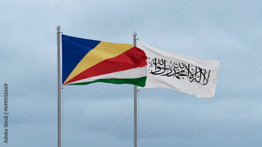 Seychelles flag and Afghanistan flag waving together on cloudy sky, endless seamless loop Seychelles flag and Afghanistan flag waving together on cloudy sky, endless seamless loop