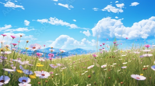 A sprawling field of wildflowers swaying gently under a clear blue sky.
