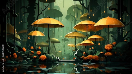 Summer Downpour Over Green Forest, Flat Design Style, Pop Art , Wallpaper Pictures, Background Hd © MI coco