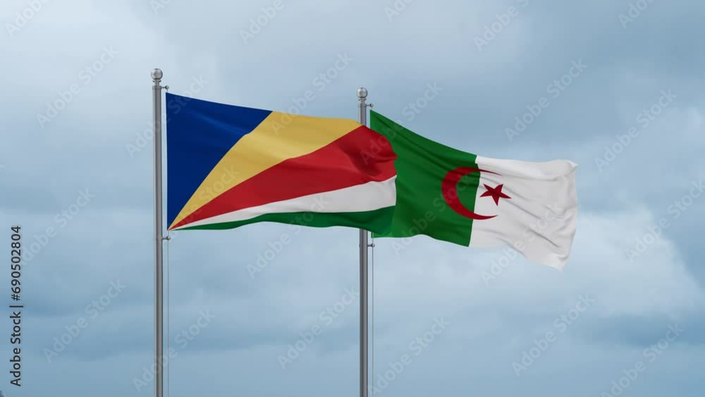 Seychelles flag and Algeria flag waving together on cloudy sky, endless seamless loop Seychelles flag and Algeria flag waving together on cloudy sky, endless seamless loop