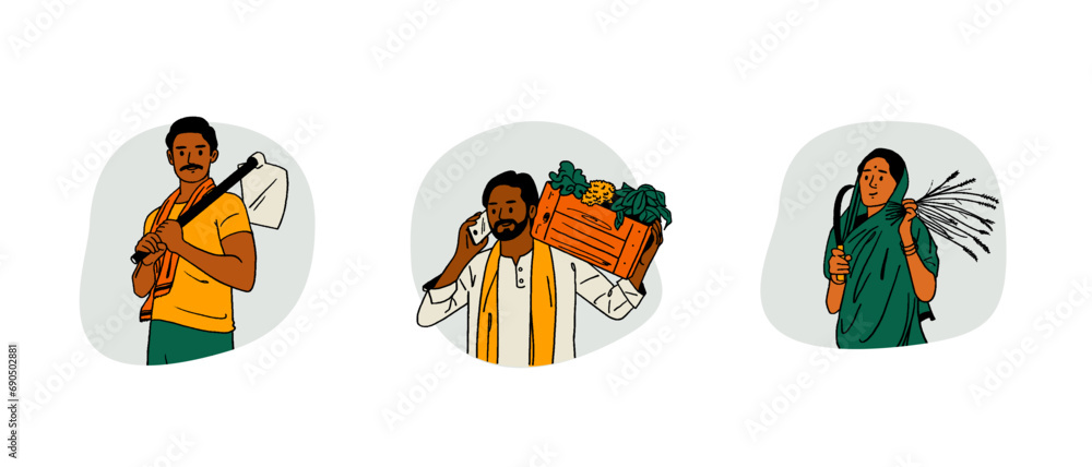 Fototapeta premium Farmer's Day, Indian people, farmers working on farms, hand-drawn colored Vector illustrations of men and women posing 