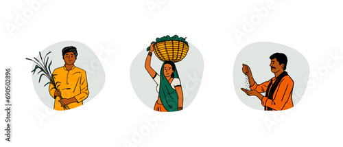 Farmer's Day, Indian people, farmers working on farms, hand-drawn colored Vector illustrations of men and women posing 