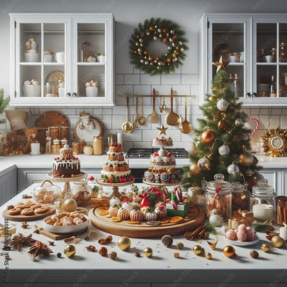 Naklejka premium Christmas decorations, sweets and freshly baked cookies on a white kitchen board, photorealistic, generative ai