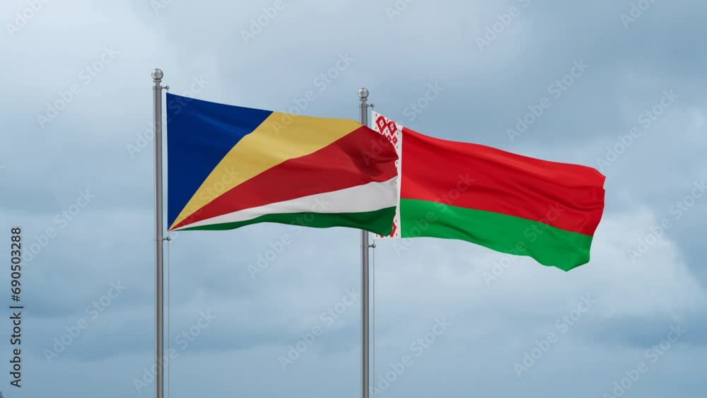 Belarus and Seychelles flag waving together on cloudy sky, endless seamless loop, two country cooperation concept Belarus and Seychelles flag waving together on cloudy sky, endless seamless loop, two country cooperation concept